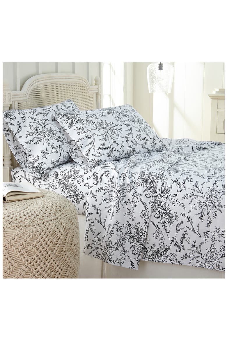 Southshore Fine Linens Winter Brush Sheet Set, Alternate, color, WHITE W/ BLACK FLOWERS