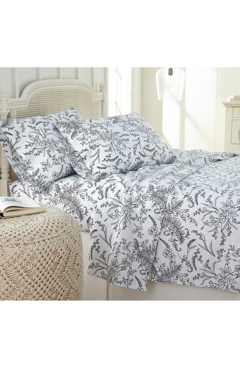 SOUTHSHORE FINE LINENS Winter Brush Sheet Set, Alternate, color, White W/ Black Flowers