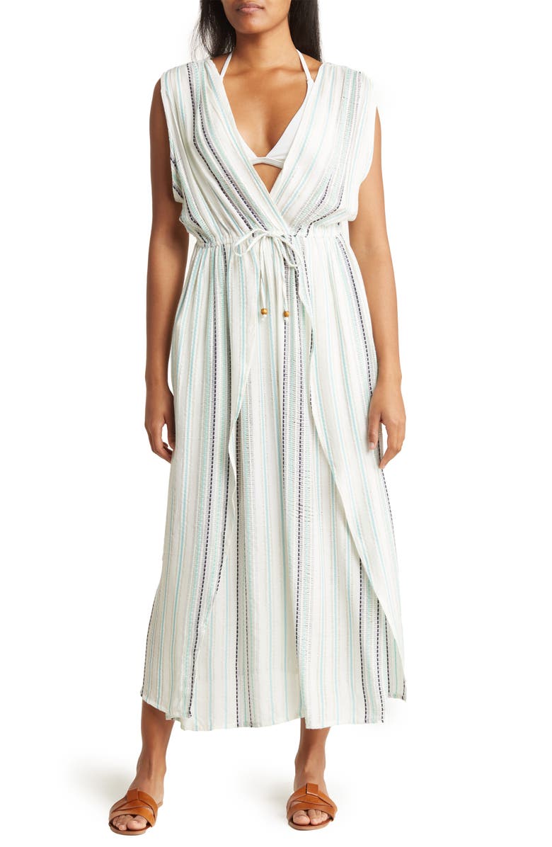 BOHO ME Yarn Dye Front Tie V-Neck Cover-Up Dress, Main, color, White/Jade