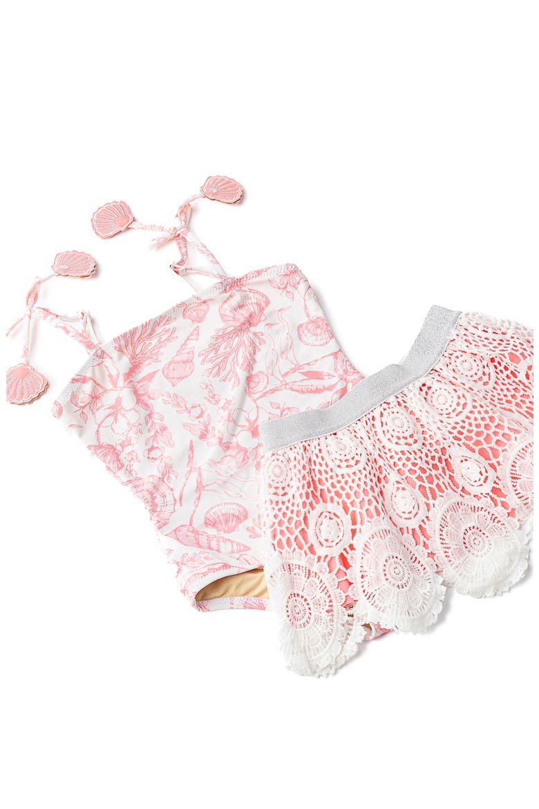 Seaside Toile One-Piece Swimsuit & Skirt Set, Alternate, color, CORAL
