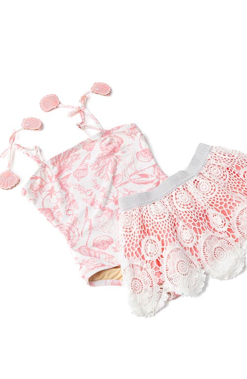 Shade Critters Seaside Toile One-piece Swimsuit & Skirt Set In Coral