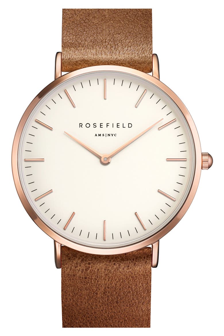 Tribeca Leather Strap Watch, 33mm, Main, color, BROWN/ WHITE/ ROSE GOLD