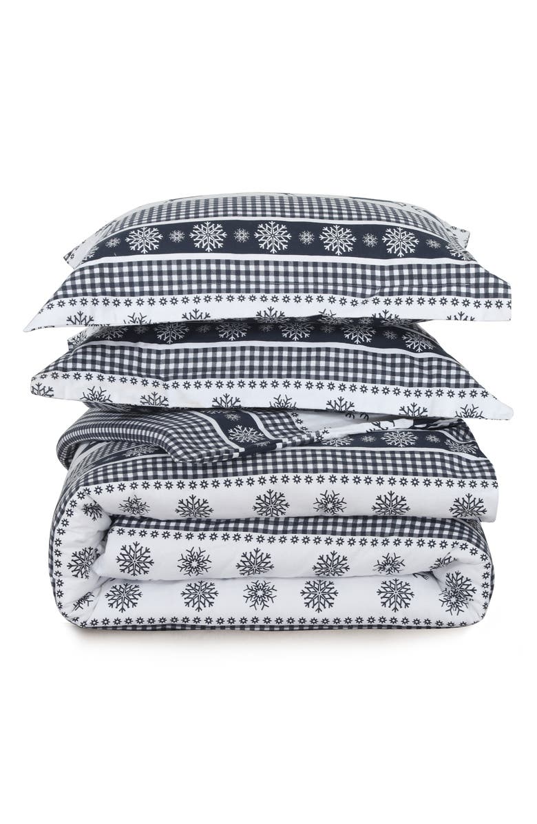 AZORES HOME Gingham Deer Heavyweight Cotton Flannel Comforter & Pillow Sham Set, Main, color, Navy