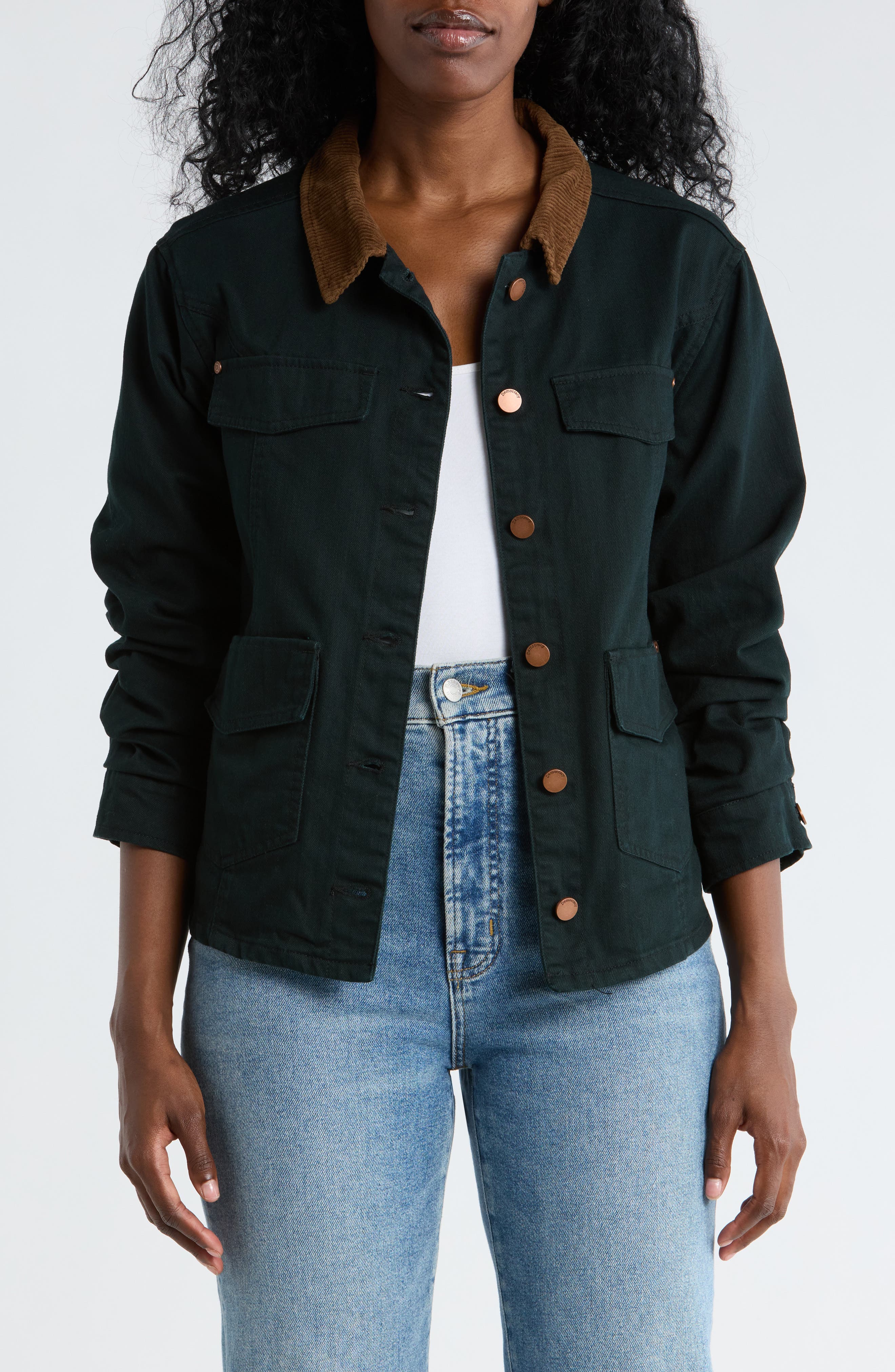 Democracy Ruched Sleeve Cotton Shirt Jacket