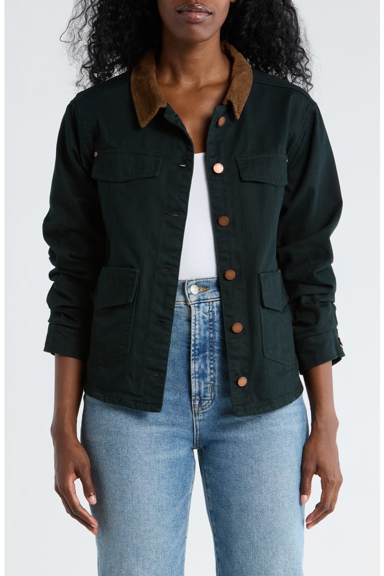 Ruched Sleeve Cotton Shirt Jacket, Main, color, BLACK