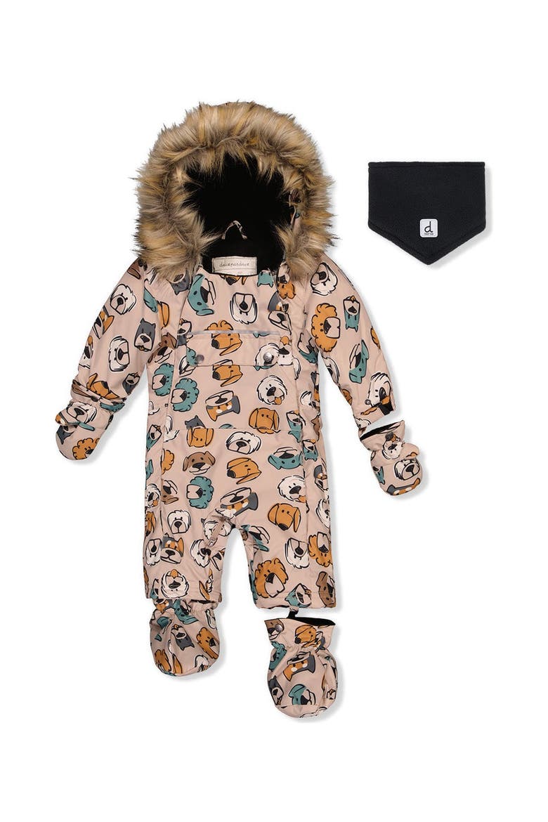 Play Dog Faux Fur Hood Car Seat One Piece Snowsuit, Main, color, Beige Printed with Dogs