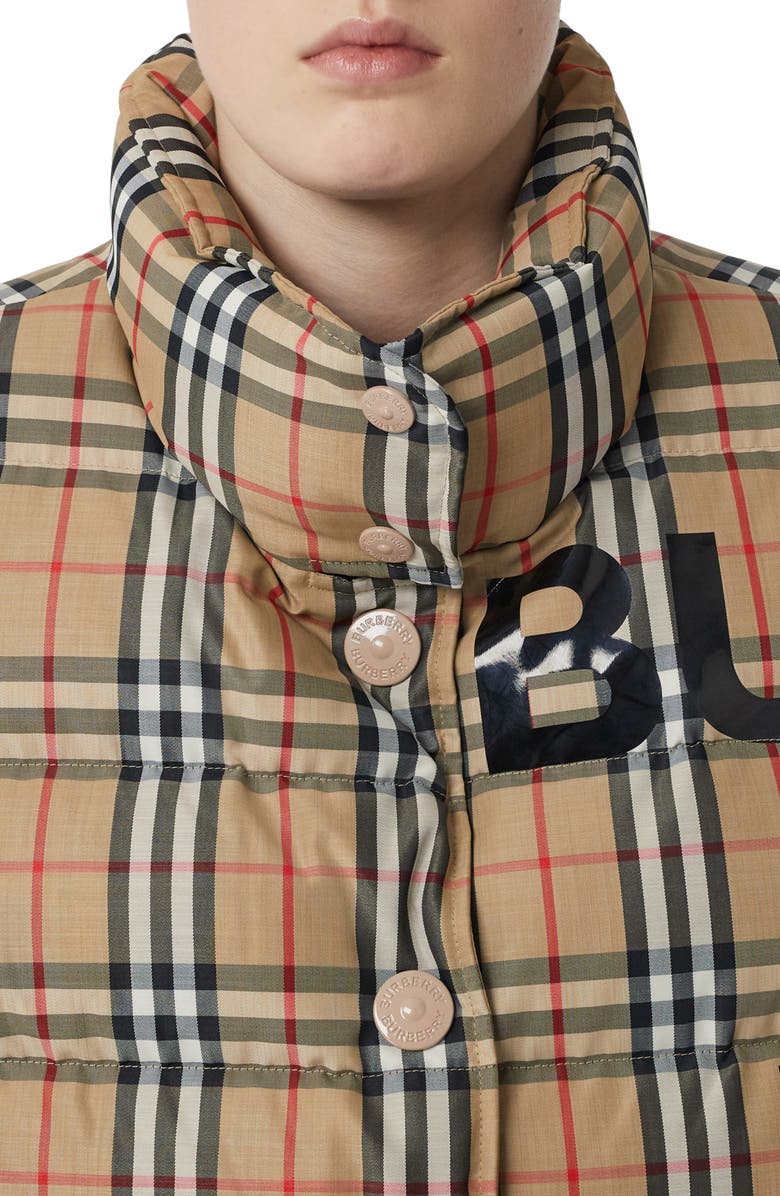 Burberry Sterling Horseferry Print Vintage Check Down Puffer Vest, Alternate, color,