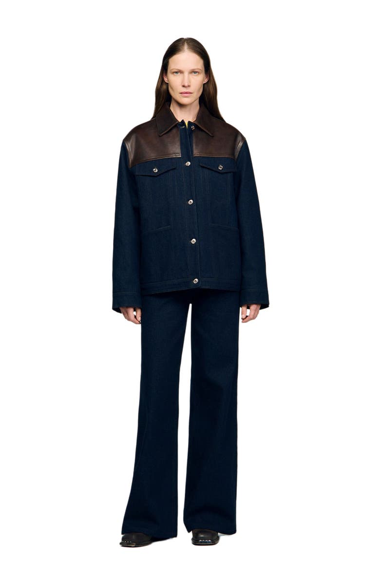 SANDRO Denim and leather jacket, Alternate, color, Blue Jean