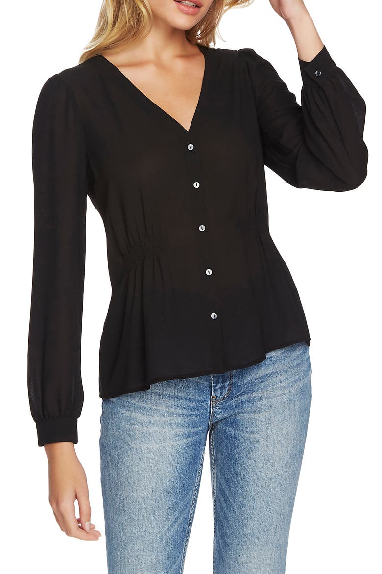 Cinched Waist Button Front Blouse, Main, color, RICH BLACK