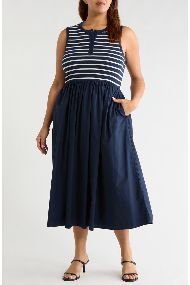 Mixed Media Henley Midi Dress, Main, color, NAVY STILL- IVORY GABE STRIPE