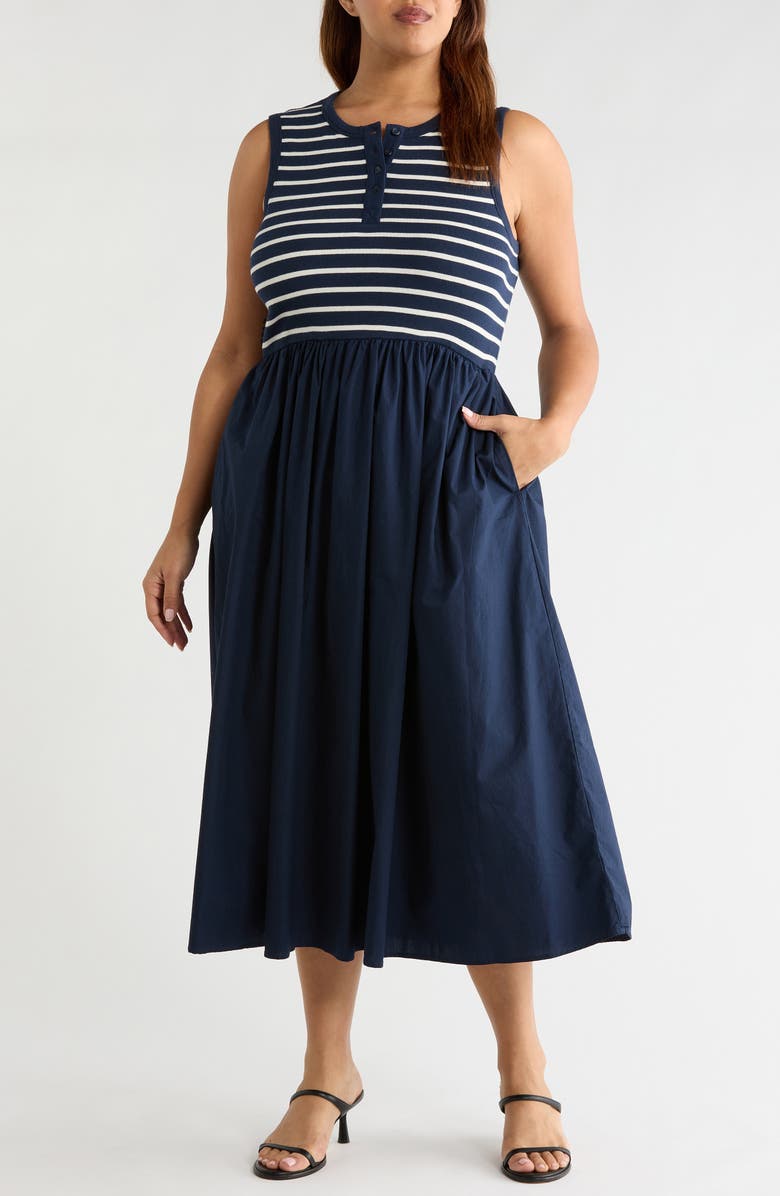 Caslon<sup>®</sup> Mixed Media Henley Midi Dress, Main, color, Navy Still- Ivory Gabe Stripe