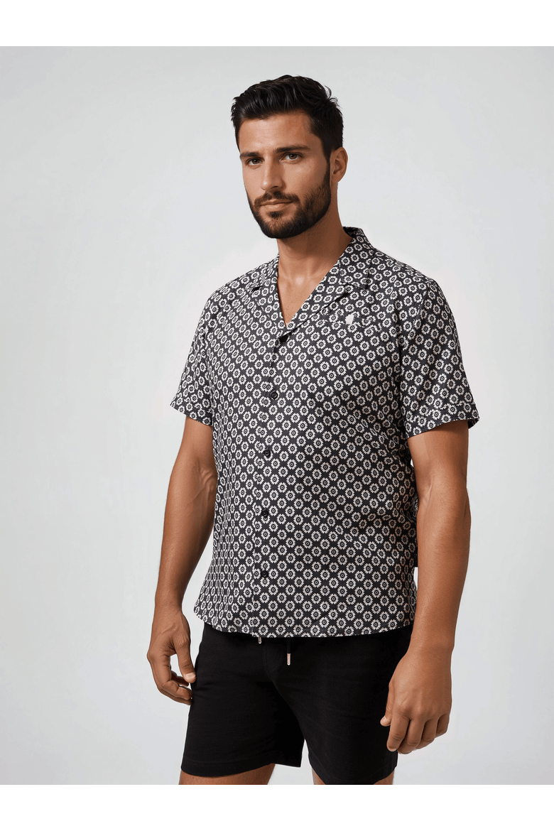 Linen Retro Geo Print SS Resort Shirt, Alternate, color, Black
