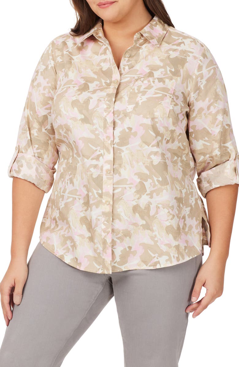 Foxcroft Zoey Abstract Print Roll Tab Non-Iron Cotton Button-Up Shirt, Main, color,