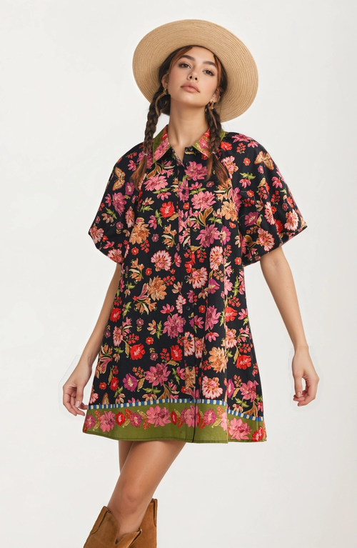 Knit and Lounge Button Front Floral Shirt Dress in Floral Print  product