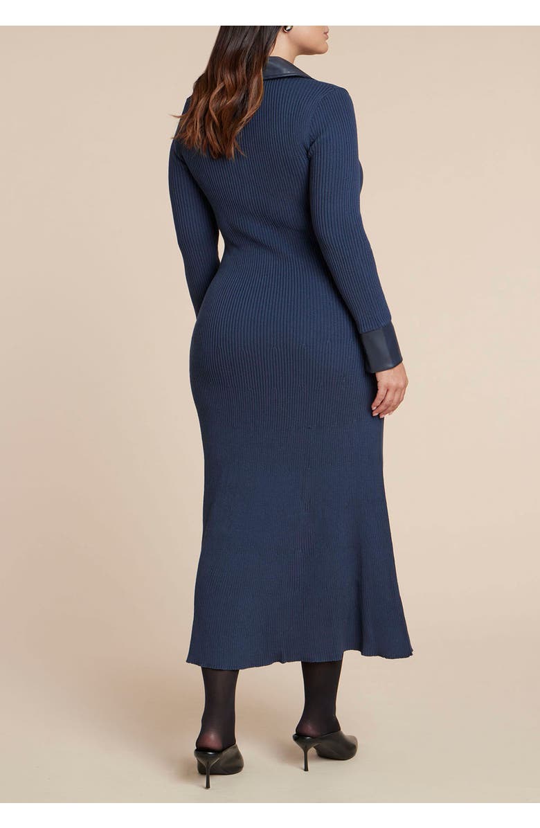 ELOQUII Faux Leather Detail Sweater Dress, Alternate, color, Navy