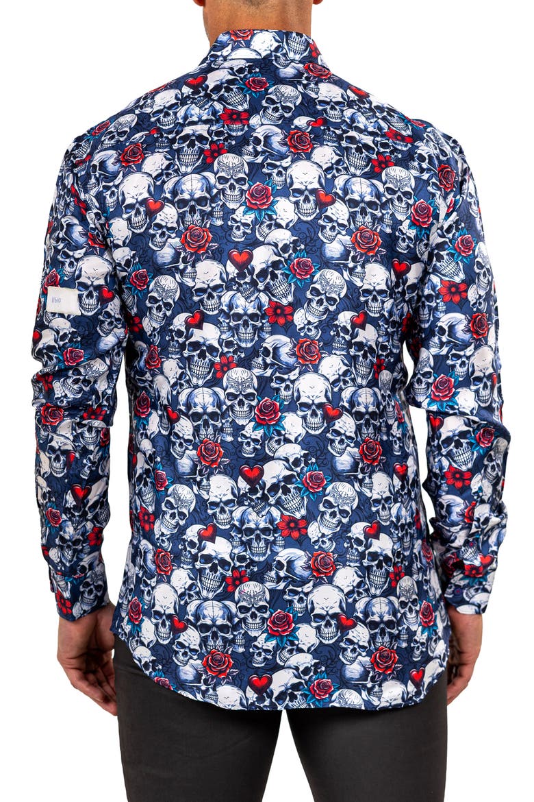 Fibonacci Mathyr0242 Blue Skull Print Button-Up Shirt, Alternate, color, BLUE
