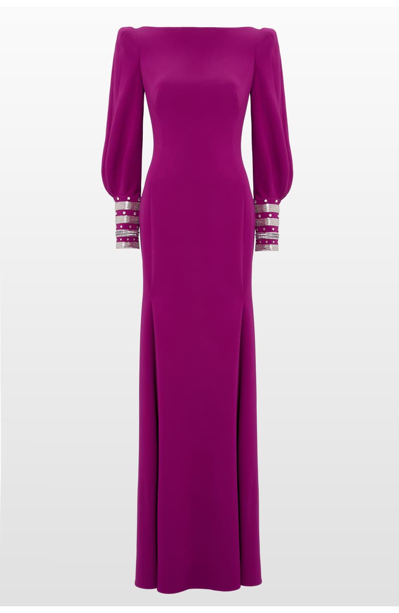 Jenny Packham Francolin Embellished-Cuffs Puff-Sleeve Maxi Dress, Main, color, Brassica