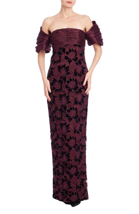 Off the Shoulder Floral Velvet Burnout Lace Gown