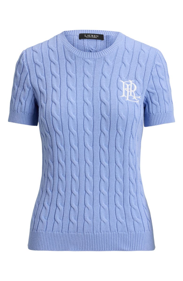 Lauren Ralph Lauren Embroidered Logo Short Sleeve Cable Sweater, Alternate, color, Banker Blue