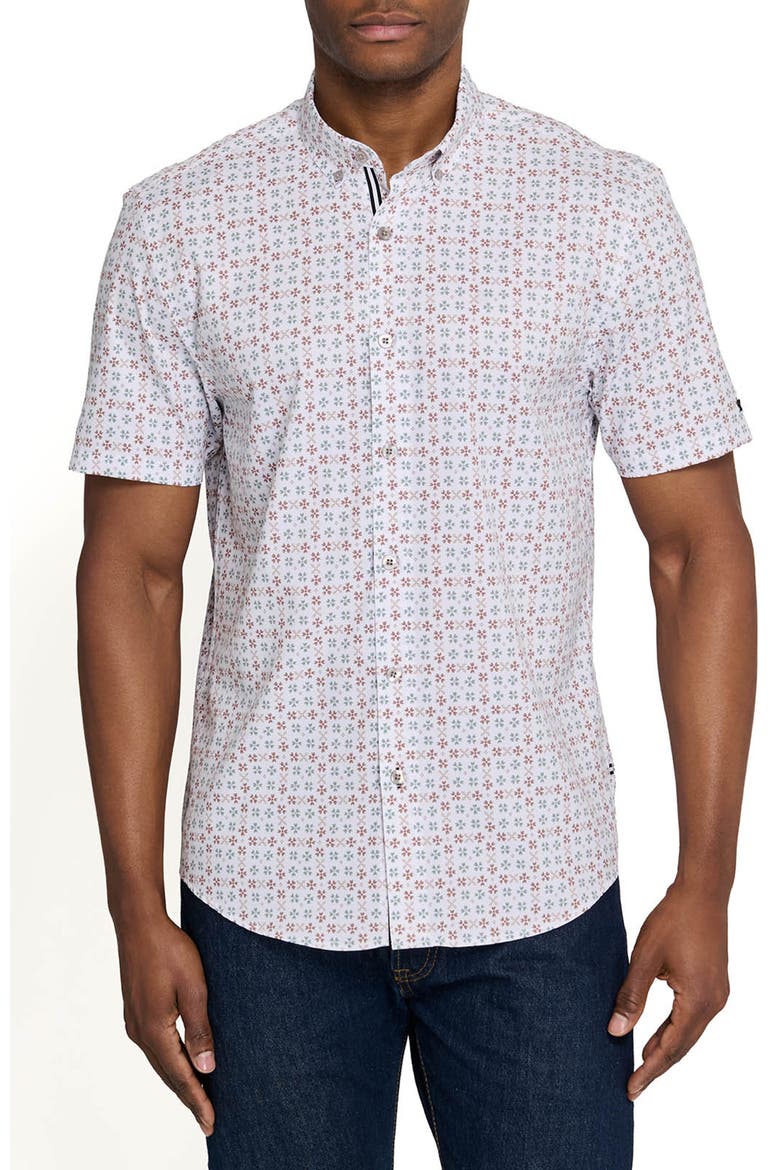 Park Slope Petals Short Sleeve Button Down Performance Shirt, Main, color, WHITE/GREEN