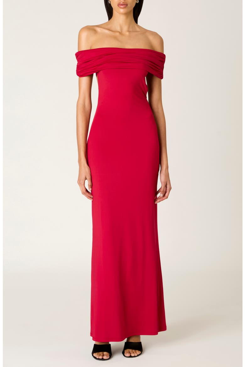 Evangeline Off the Shoulder Open Back Maxi Dress, Main, color, CRIMSON