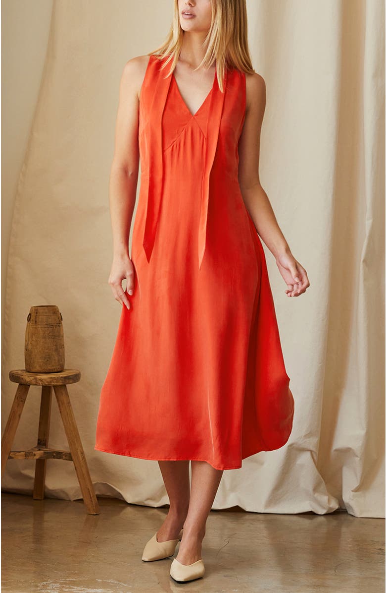 CRESCENT Cupro Midi Dress with Scarf, Alternate, color, Poppy