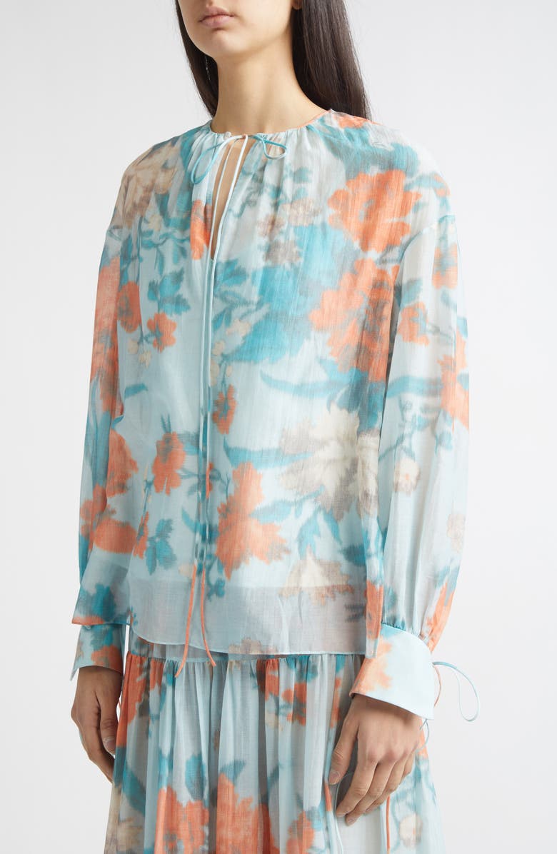 Erdem Floral Print Cotton & Silk Voile Top, Alternate, color, Trailing Poppy Dream Blue