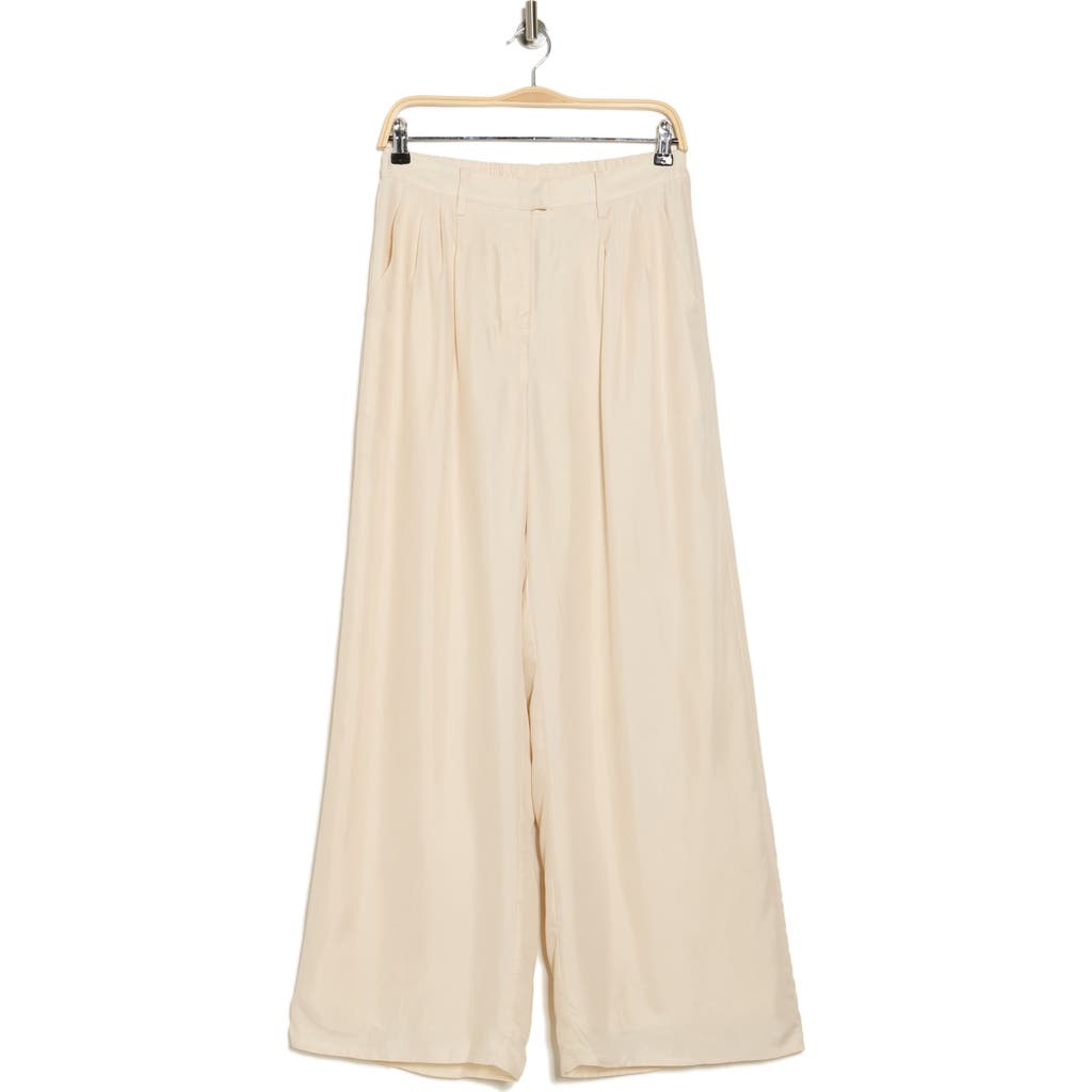 Wayf Pleated Wide Leg Satin Pants In Cream