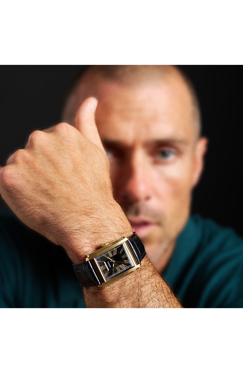 Fossil Carraway Leather Strap Watch, 30mm, Alternate, color, Black / Gold