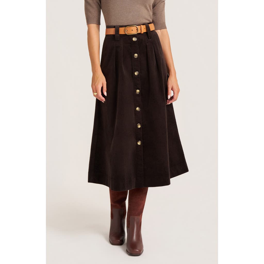Matty M . Marlowe Cotton Blend Corduoy Midi Skirt In Brown