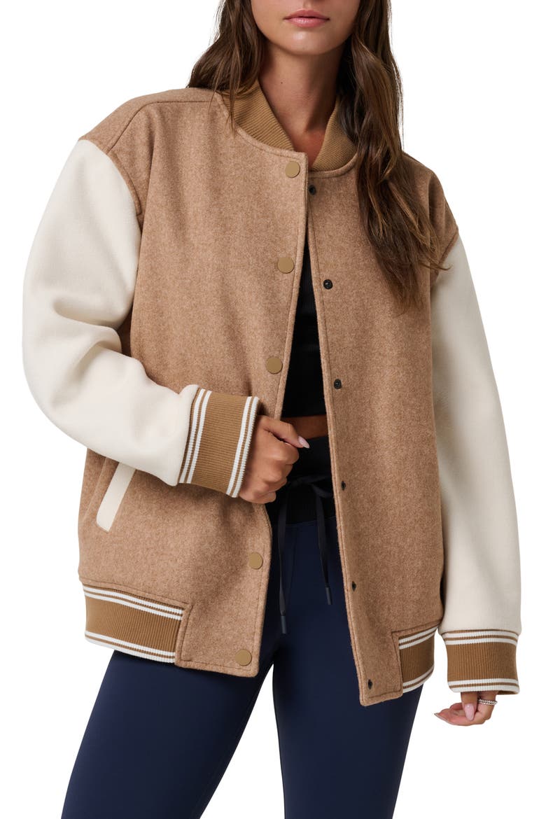 Clubside Varsity Bomber Jacket, Main, color, HEATHER CHESTNUT MULTI