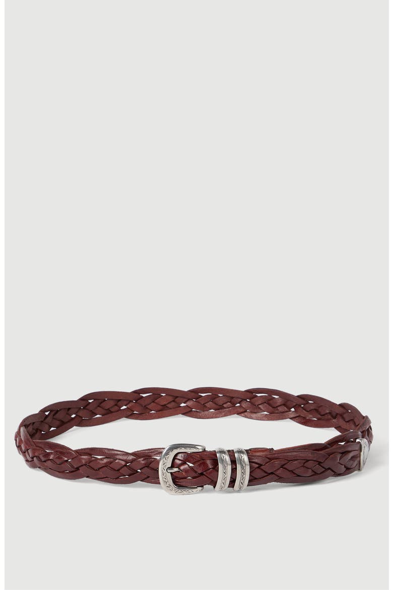 Braided calfskin belt with detailed buckle and tip, Main, color, Tobacco