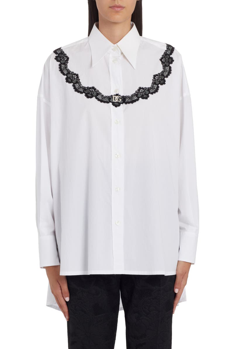 Dolce&Gabbana Oversize Lace Yoke High-Low Cotton Blend Button-Up Shirt, Main, color, 
