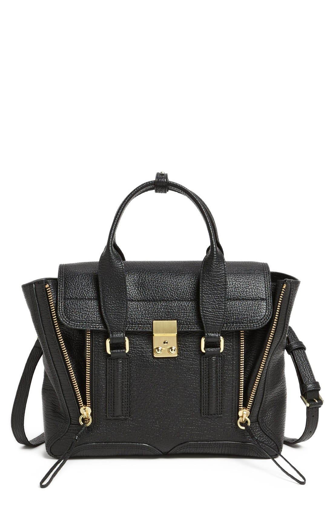 'Medium Pashli' Shark Embossed Leather Satchel, Main, color, BLACK/ GOLD HDWR