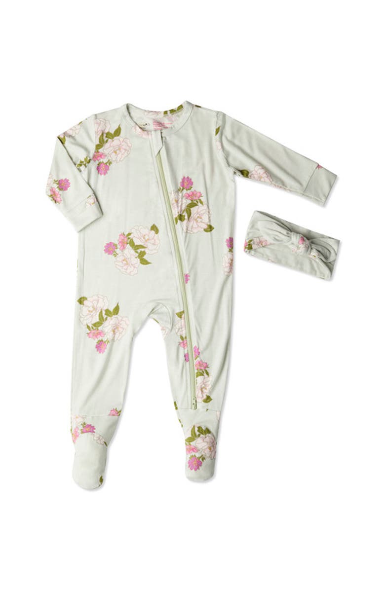 Everly Grey Jersey Long Sleeve Footie & Head Wrap Set, Main, color, Peony
