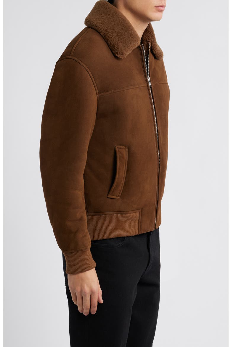 Suede & Genuine Shearling Bomber Jacket, Alternate, color, DARK CAMEL