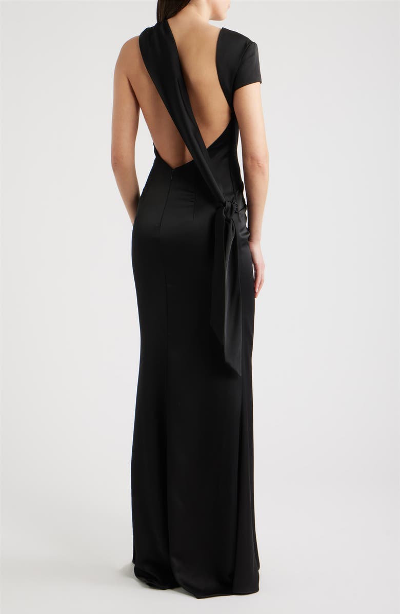 Sonya Moda Crista Open Back Satin Mermaid Gown, Alternate, color, Black
