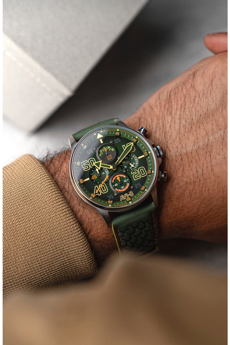 Hawker Typhoon Coningham Harding Chronograph Leather Strap Watch, 42mm, Alternate, color, GREEN