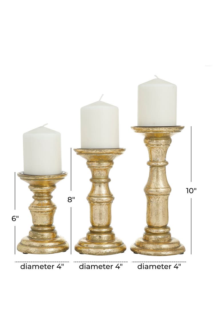 Goldtone Mango Wood Turned Style Pillar Candle Holder - Set of 3, Alternate, color, GOLD