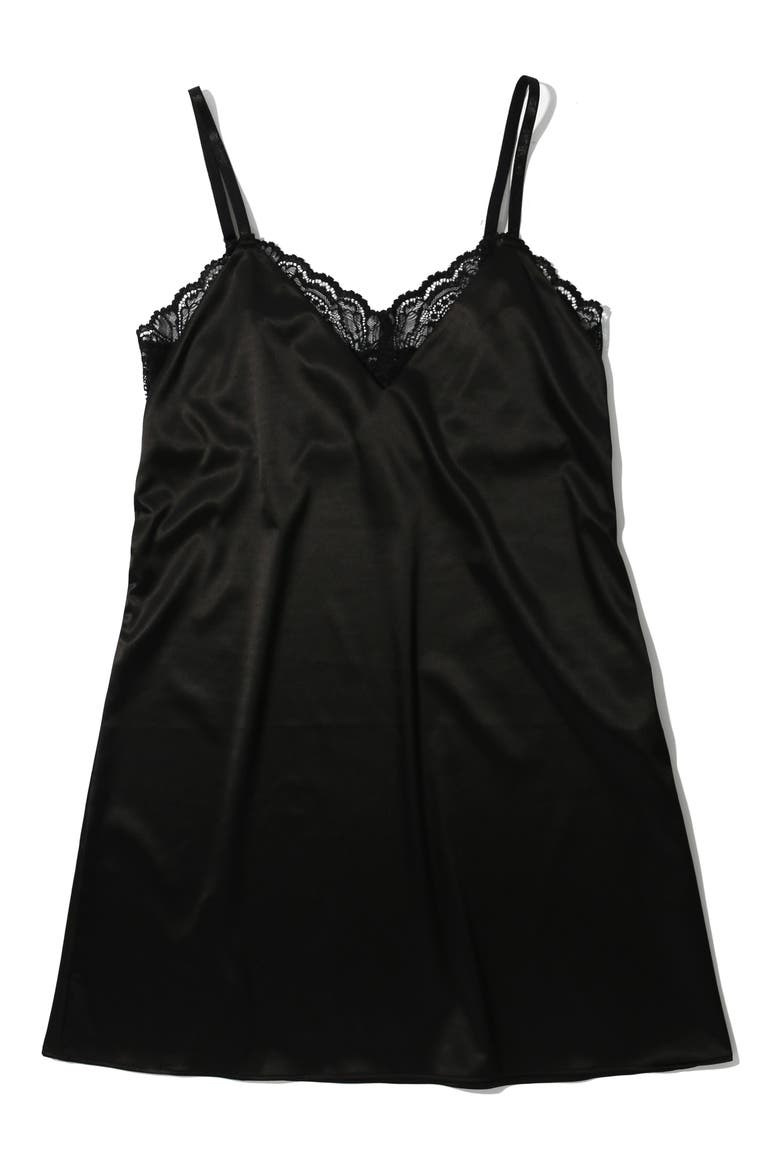 Lace Trim Satin Chemise, Alternate, color, BLACK