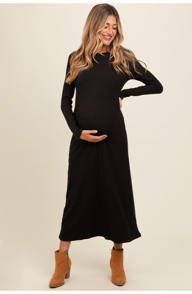 PinkBlush Ribbed Knit Side Slit Midi Dress, Main, color, Black
