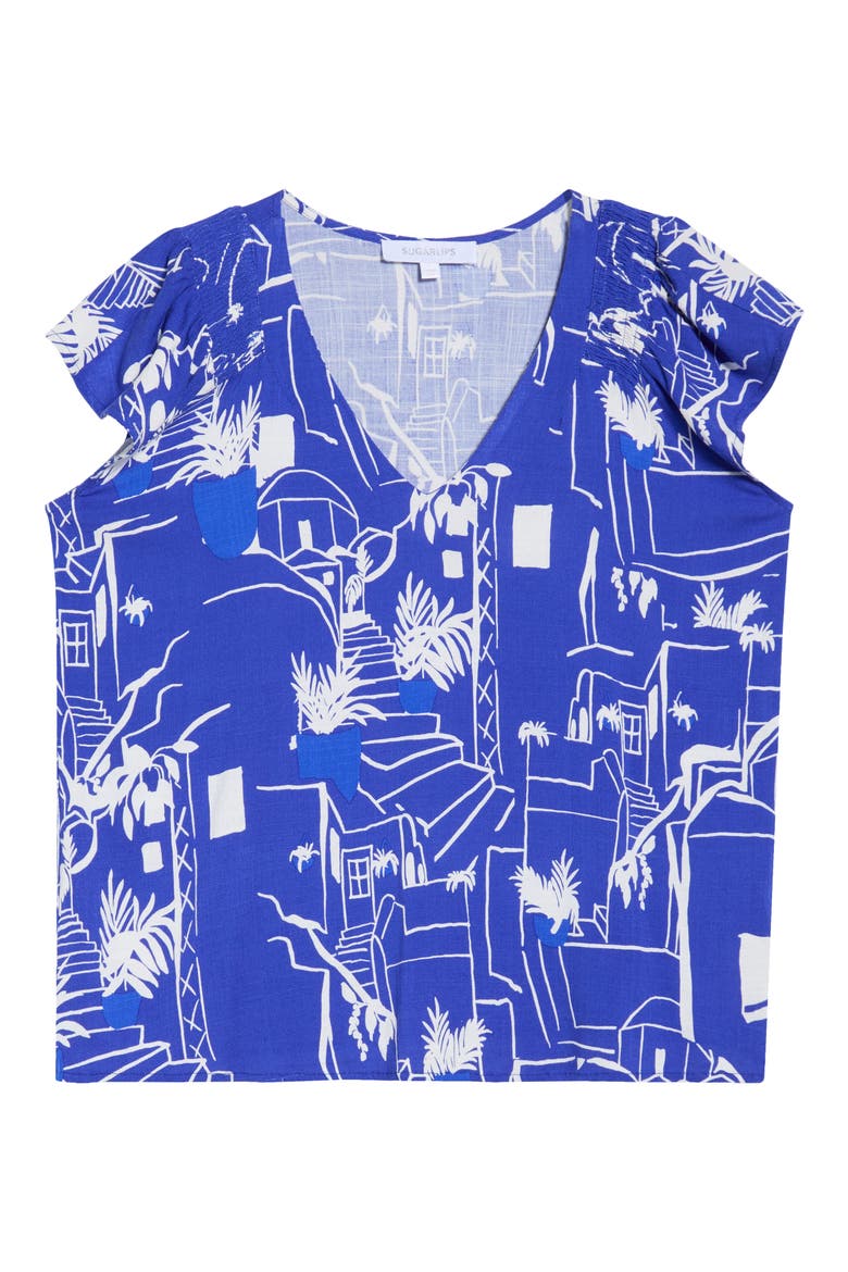 Mims Town Dade Ruffle Sleeve Top, Alternate, color, WHITE-BLUE-MULTI