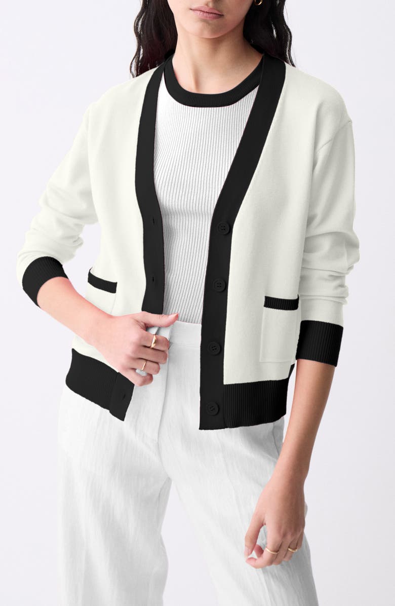 DELUC Lisboa Contrast Trim Cardigan, Main, color, Ecru With Black Details