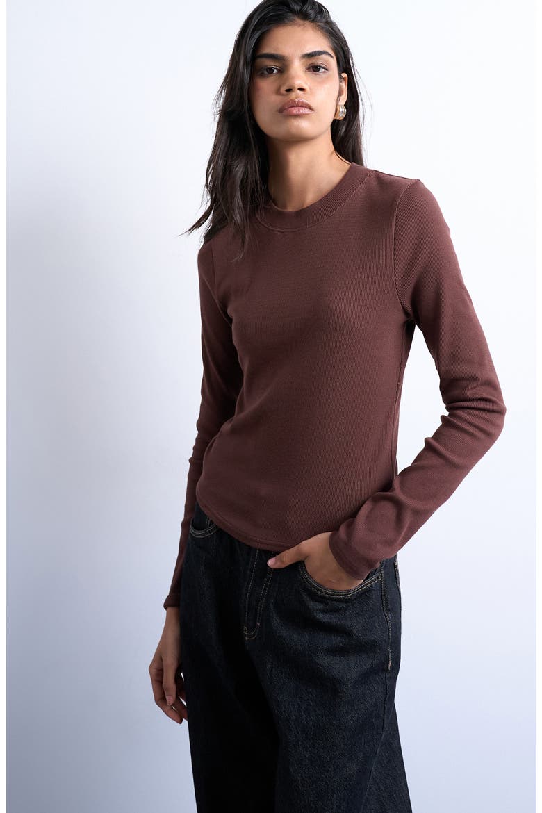 Long Sleeve Curve Hem Rib Top, Main, color, BROWN