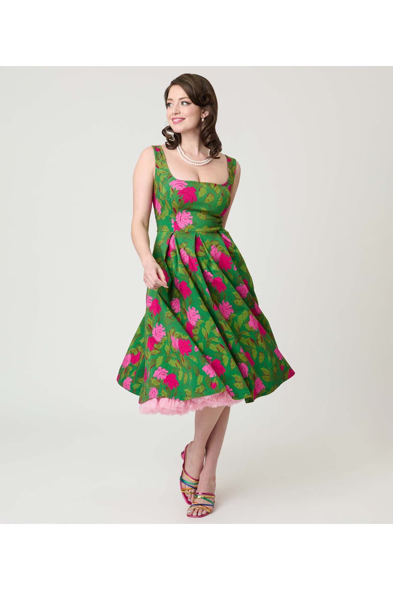 Square Neck Pleated Swing Dress, Main, color, Green W/Pink Floral