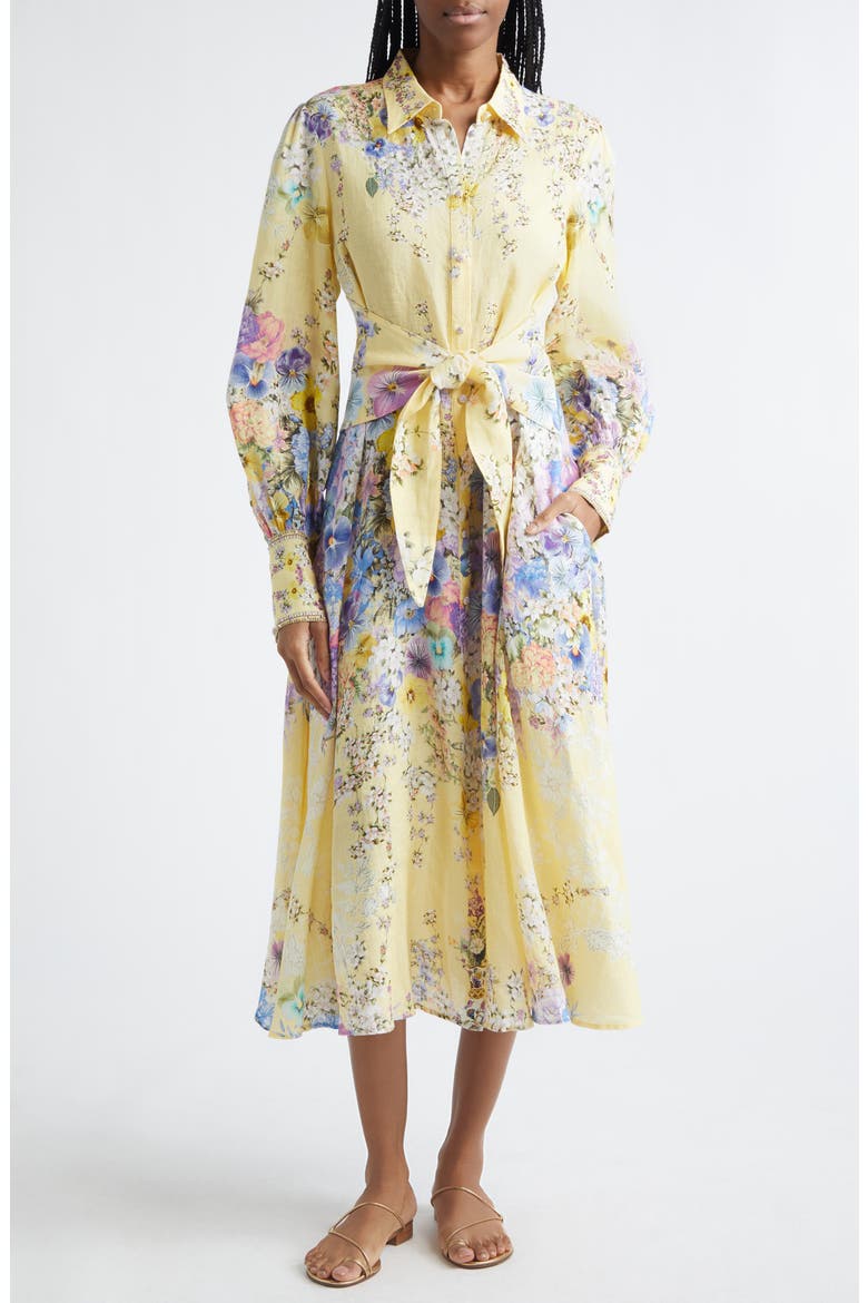 Darling Buds Long Sleeve Tie Waist Linen Shirtdress, Main, color, DARLING BUDS