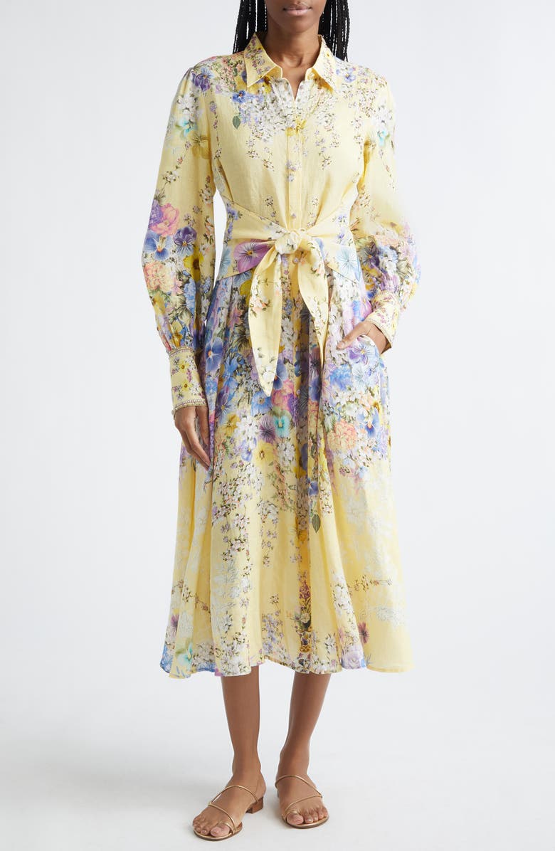 Camilla Darling Buds Long Sleeve Tie Waist Linen Shirtdress, Main, color, Darling Buds