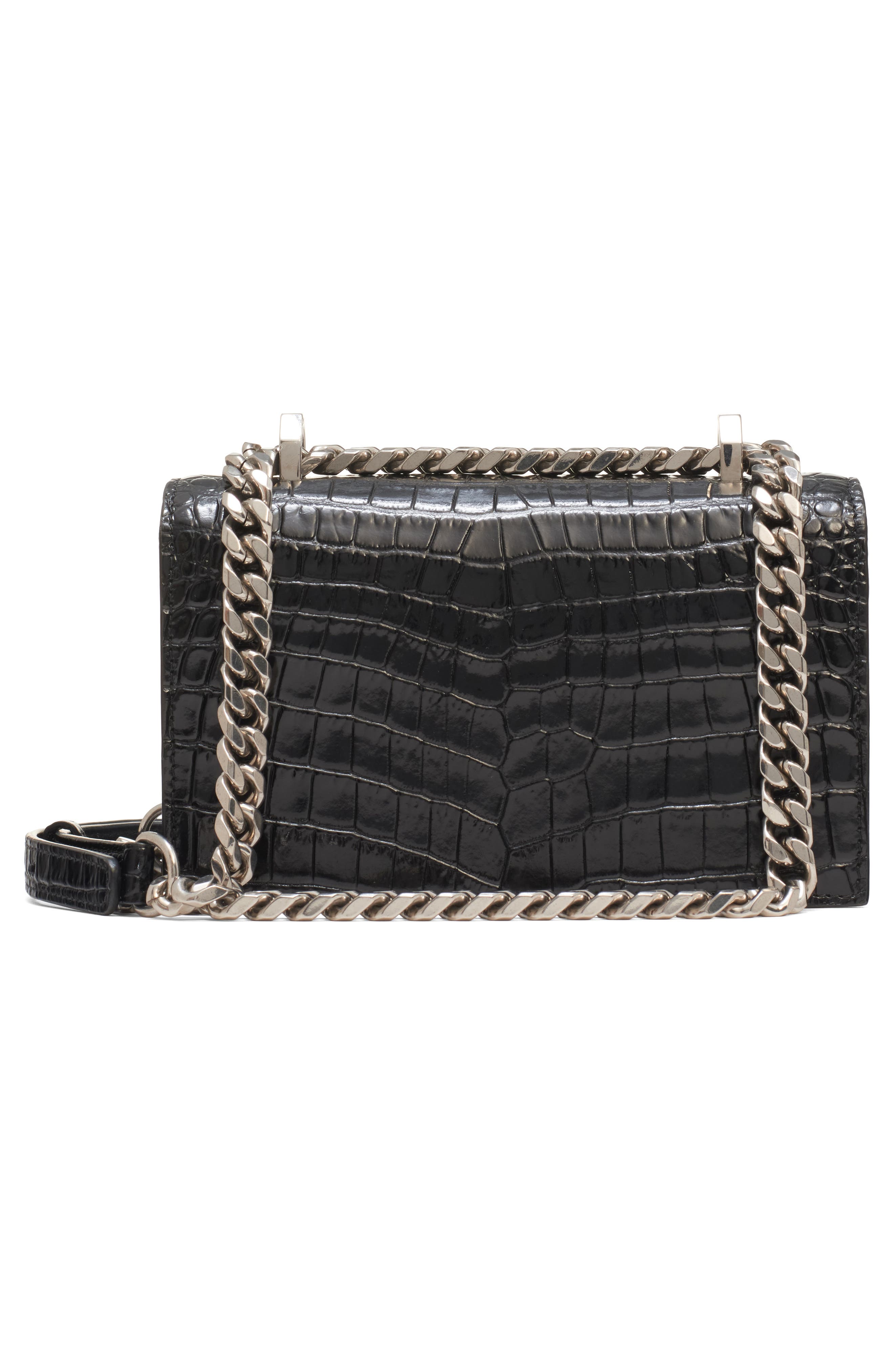 McQueen Mini Jeweled Croc Embossed Leather Crossbody Bag, Alternate, color, Black