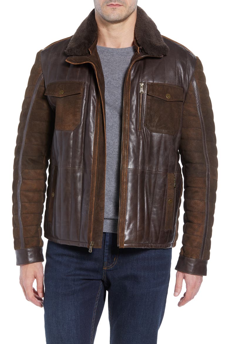Genuine Shearling Trim Leather Bomber Jacket, Main, color, BROWN