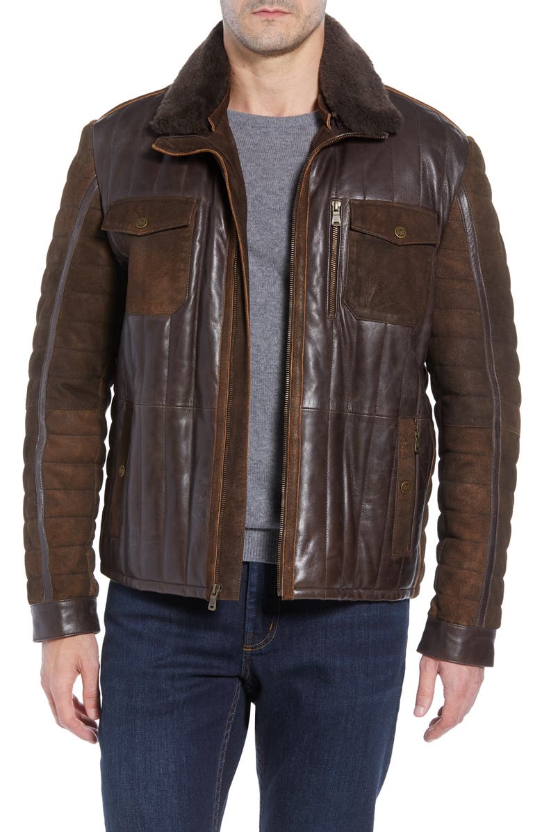 FLYNT Genuine Shearling Trim Leather Bomber Jacket, Main, color,